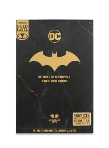 "7-inch McFarlane DC Multiverse Batman DC vs Vampires Knightmare Edition action figure with black and gold deco, axe accessory, and display base."