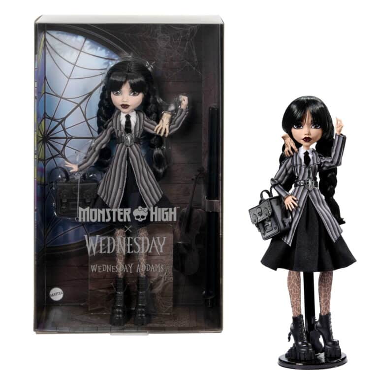 "Monster High Wednesday Addams collectible doll in Nevermore Academy uniform with Thing accessory."