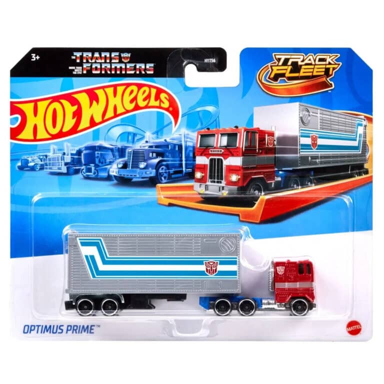 "Hot Wheels Transformers Optimus Prime 1:64 scale diecast metal truck by Mattel, featuring authentic Autobot deco."