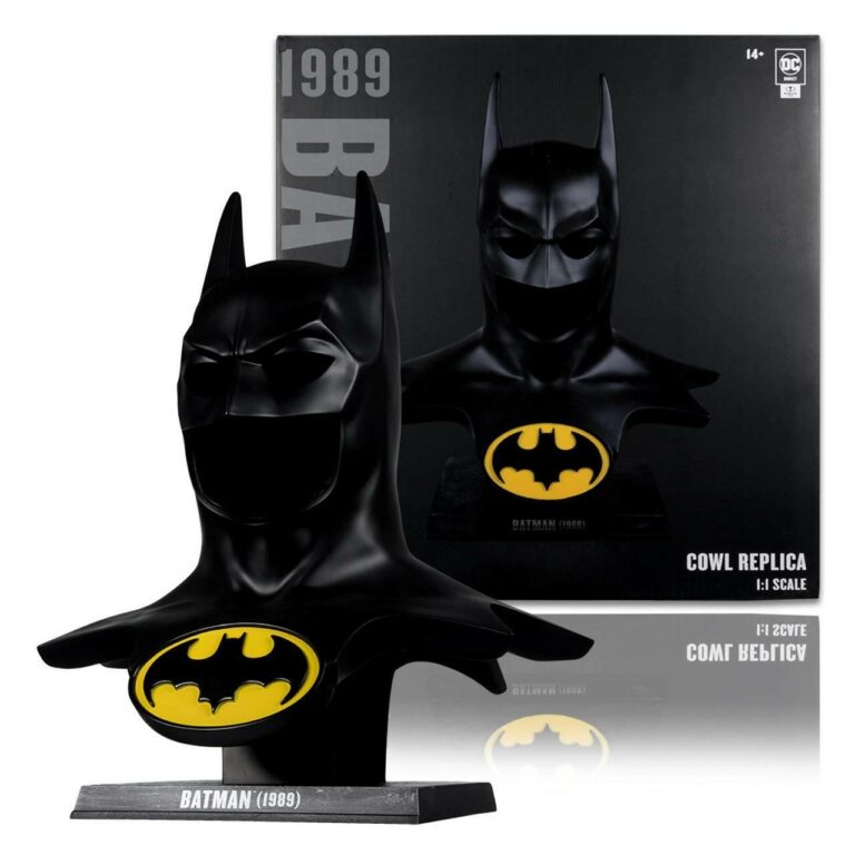 "1:1 scale replica of the 1989 Batman cowl by McFarlane DC Direct, standing 24.5 inches tall on a display stand."