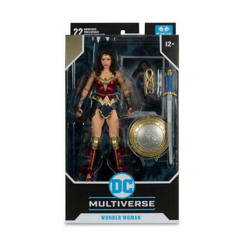 "7-inch mcfarlane dc multiverse wonder woman action figure with sword, shield, and lasso of truth. "