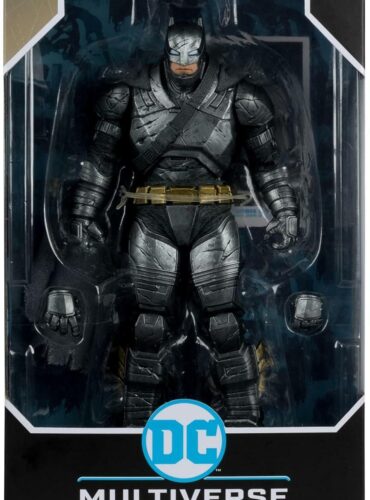 "7-inch Armored Batman action figure from McFarlane DC Multiverse series with 22 moving parts, cloth cape, and display base."