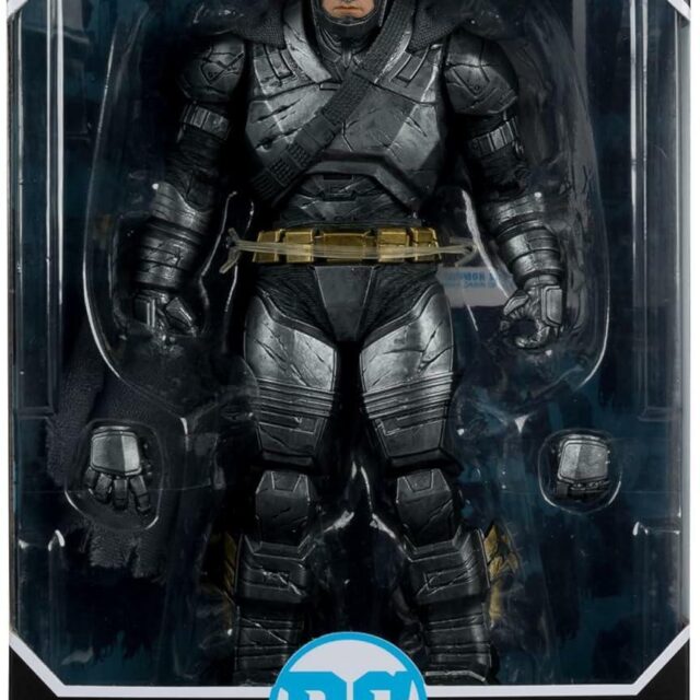 "7-inch armored batman action figure from mcfarlane dc multiverse series with 22 moving parts, cloth cape, and display base. "