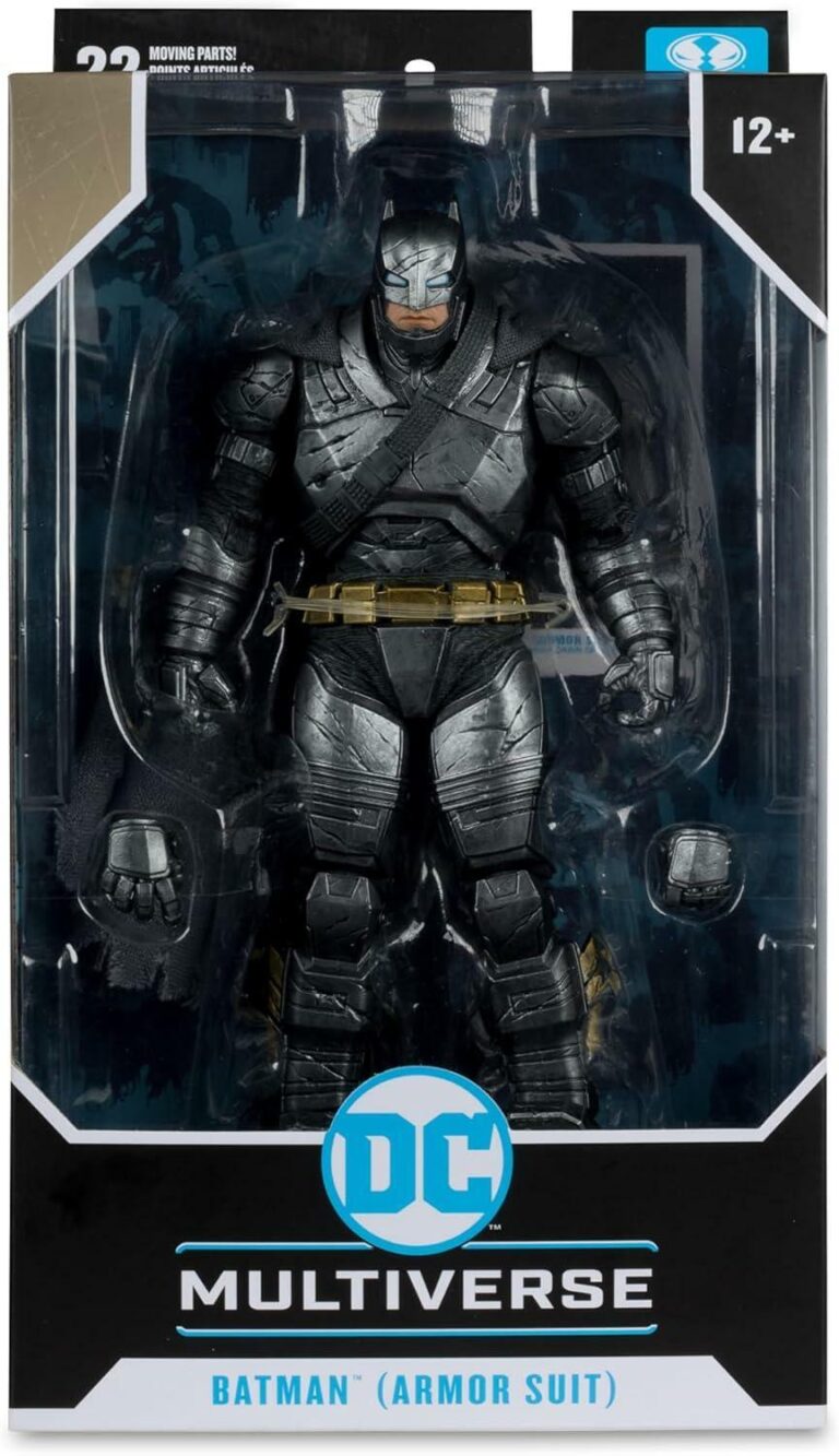 "7-inch Armored Batman action figure from McFarlane DC Multiverse series with 22 moving parts, cloth cape, and display base."