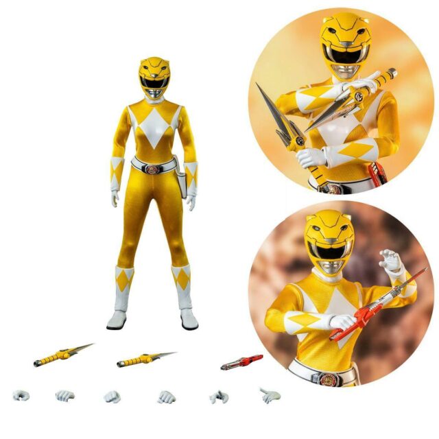 "threezero mighty morphin power rangers yellow ranger 1:6 scale figure with blade blaster and power daggers accessories. "