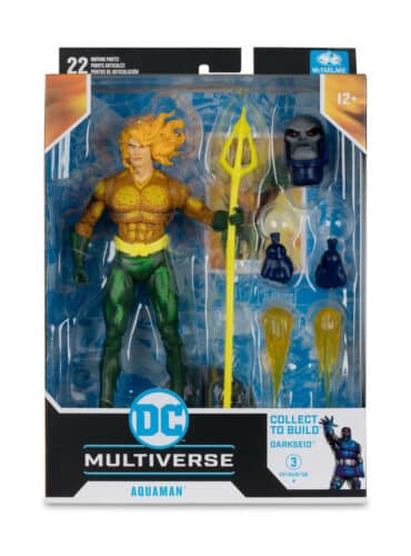 "7-inch Aquaman action figure from DC Multiverse with trident and additional accessories."