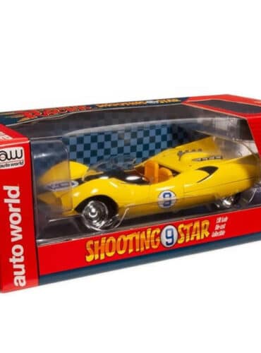 "1:18 scale diecast model of Auto World Speed Racer Shooting Star car with Racer X figure."