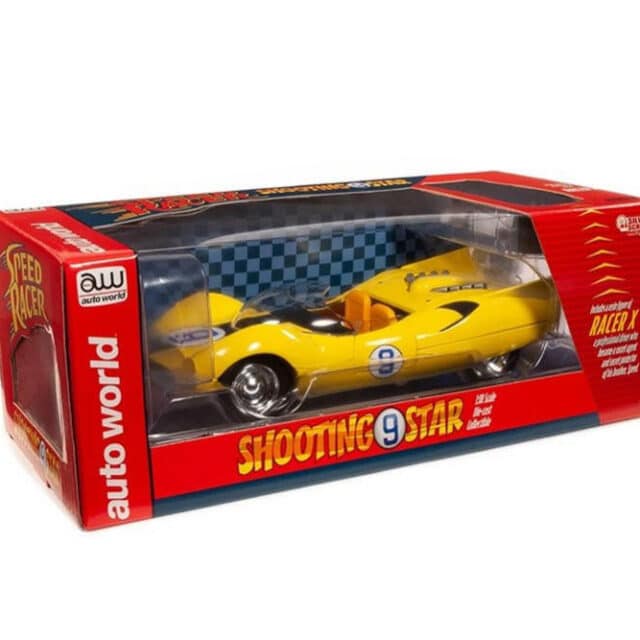 "1:18 scale diecast model of auto world speed racer shooting star car with racer x figure. "