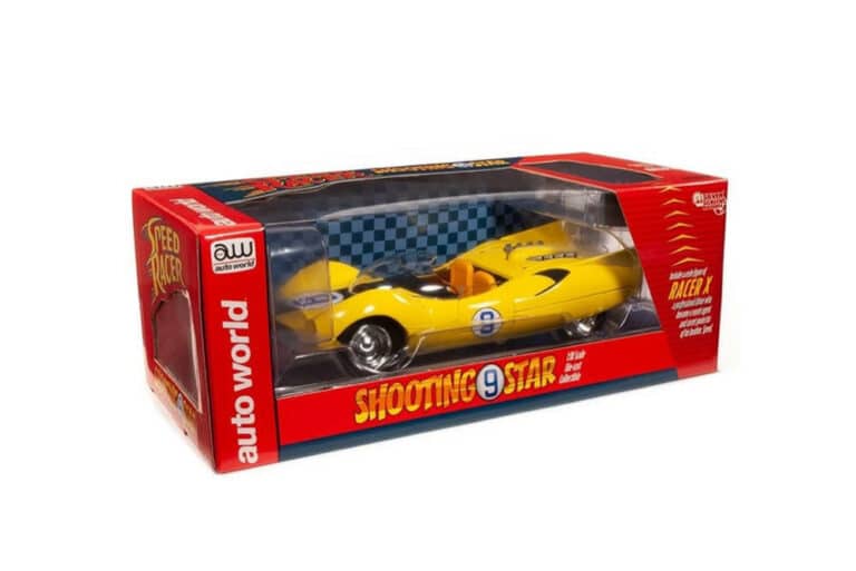 "1:18 scale diecast model of Auto World Speed Racer Shooting Star car with Racer X figure."