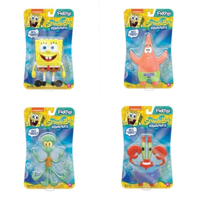 "Set of 4 TCG FlexFigs featuring Spongebob, Patrick, Squidward, and Mr. Krabs from Spongebob Squarepants series."