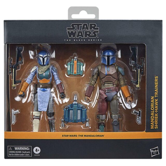 "Star Wars The Black Series Mandalorian Shriek-Hawk Trainers 6" action figure set with blasters and jetpacks."