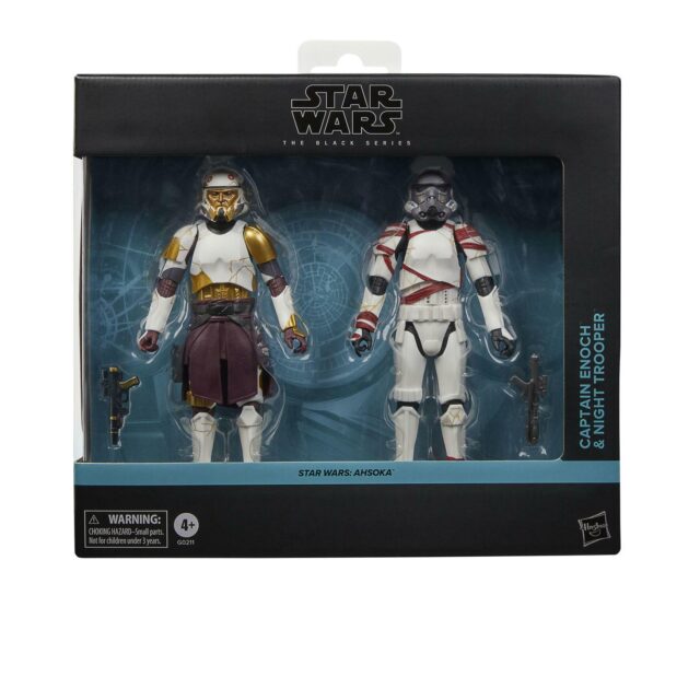 "Star Wars The Black Series Captain Enoch & Night Trooper 6-inch action figures in window box packaging."