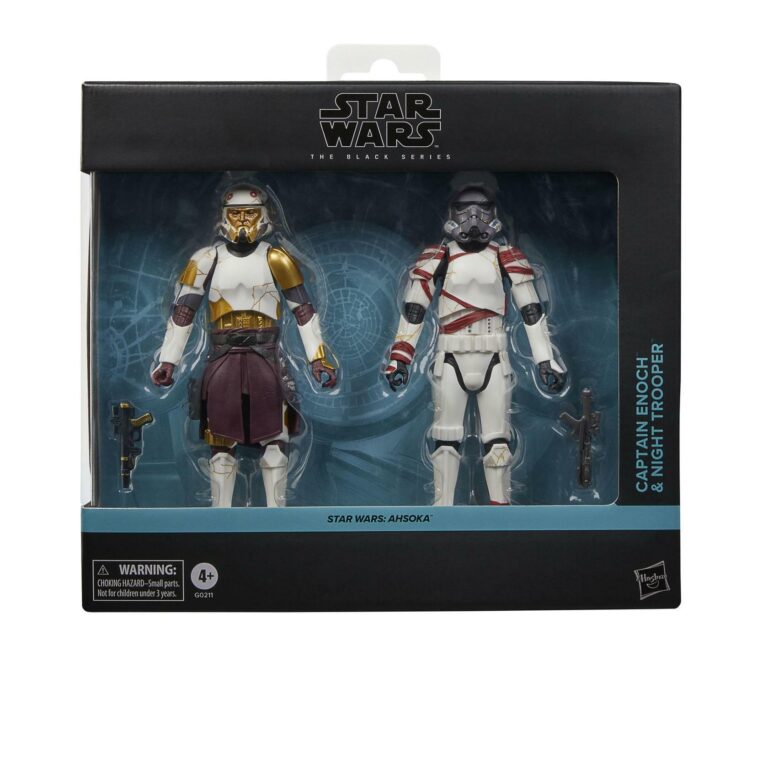 "Star Wars The Black Series Captain Enoch & Night Trooper 6-inch action figures in window box packaging."