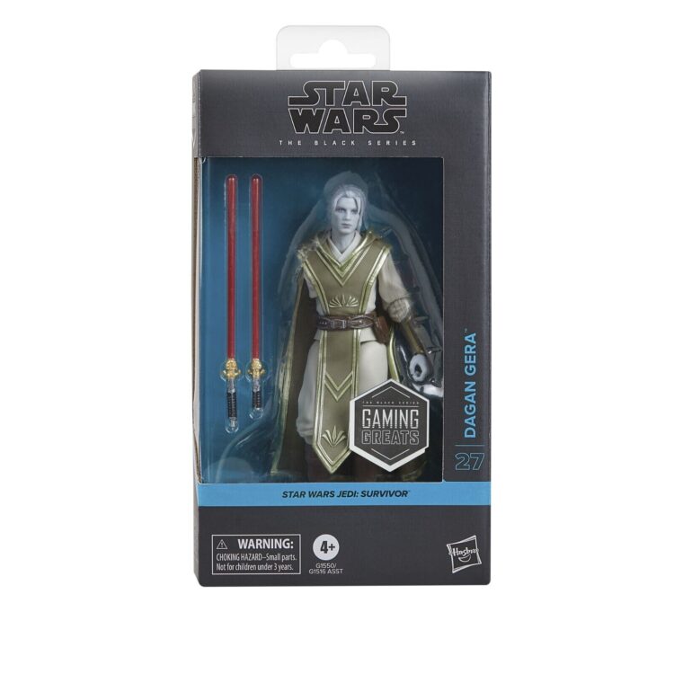 "Star Wars The Black Series Dagan Gera 6" action figure with dual lightsabers and collector's packaging."