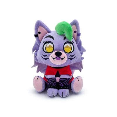 "9-inch Youtooz Five Nights at Freddy's Roxy plush with purple hair, yellow eyes, and a red outfit."