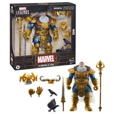 "Marvel Legends Series 85th Anniversary Deluxe Odin action figure with 2 helmets, 2 ravens, staff, sword, alternate hands and cape."