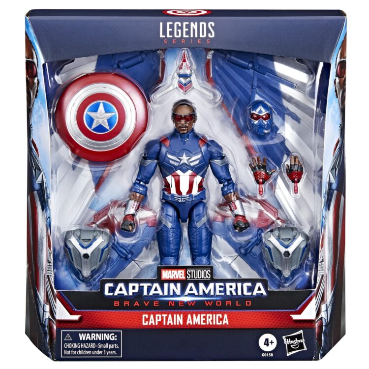 "6-inch Marvel Legends Series Captain America action figure, inspired by Sam Wilson's appearance in Brave New World, with 7 accessories."