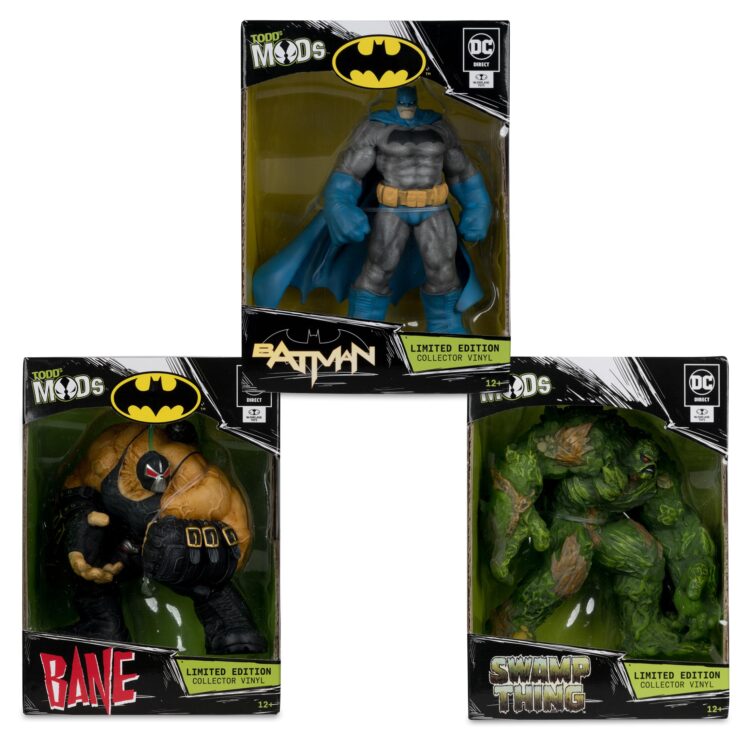 "3-pack of McFarlane DC Direct 4.5" vinyl figures featuring posed Batman, Bane, and Swamp Thing."