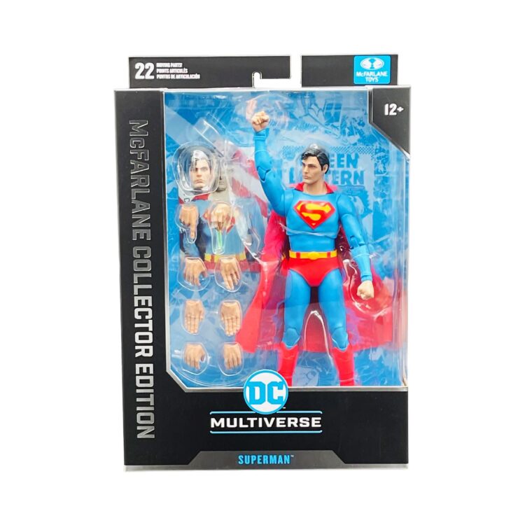 "7-inch McFarlane DC Multiverse Superman action figure from 1978 movie, with alternate head, extra hands, and display base."