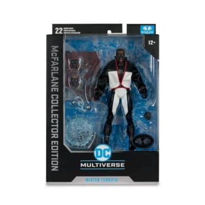 "McFarlane DC Multiverse Mister Terrific JSA Collector Edition action figure with accessories and art card."