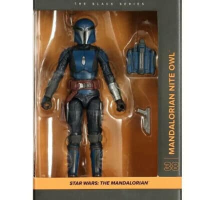 "6-inch Star Wars The Black Series Mandalorian Nite Owl action figure with jetpack and blaster."