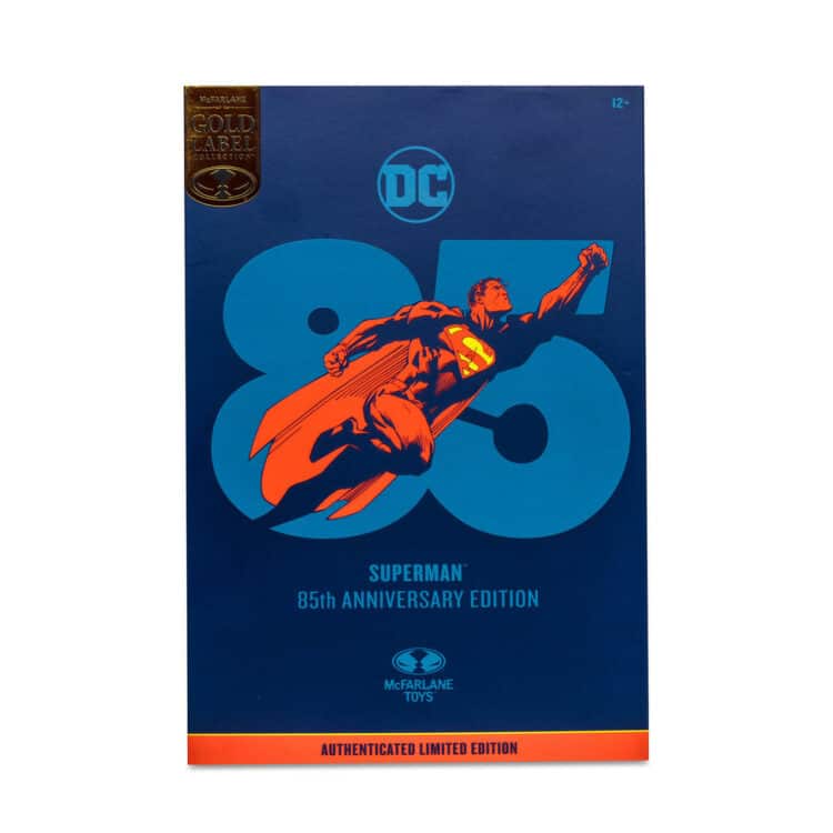 "7-inch McFarlane DC Multiverse Superman 85th Anniversary Gold Label Figure with detailed articulation and accessories."