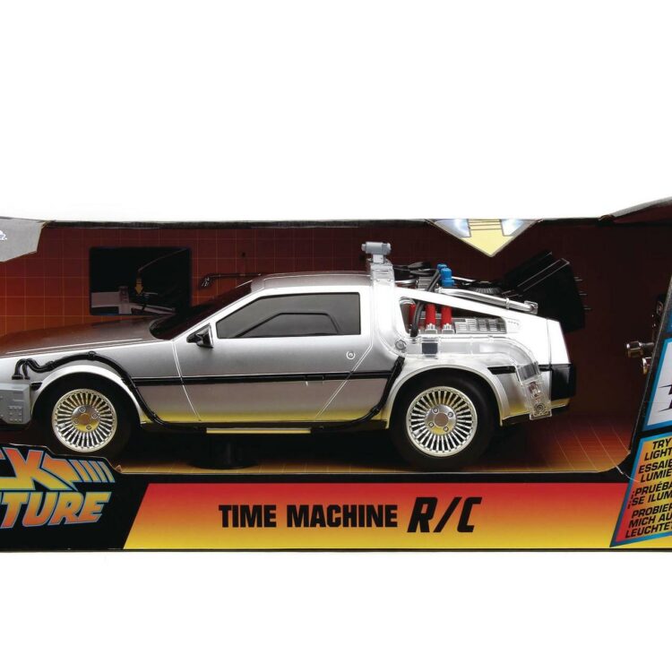 "1:16 scale Back to the Future DeLorean Time Machine RC car by Jada Toys with lighting features."