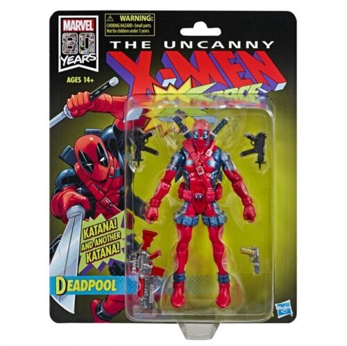 "6-inch Marvel Legends Deadpool action figure in classic red and blue attire with katanas and additional accessories."