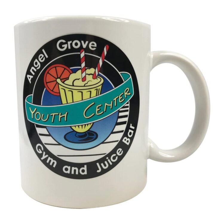 "Exclusive Power Rangers 11 oz coffee mug with Angel Grove Gym & Juice Bar logo, limited to 1000 pieces."