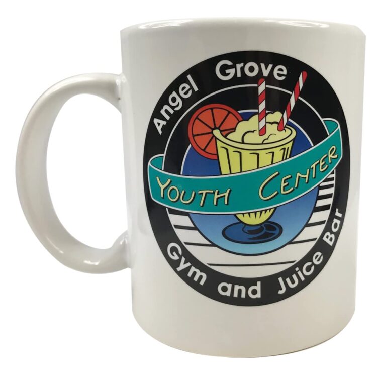 "Exclusive Power Rangers 11 oz coffee mug with Angel Grove Youth Center logo, limited to 1000 pieces."