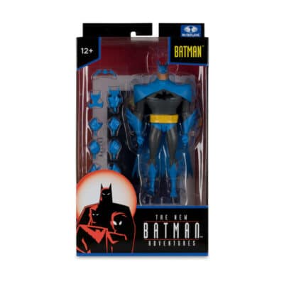 "6-inch McFarlane DC Multiverse Batman action figure in blue and grey suit, with accessories like batarang and grapnel launcher."