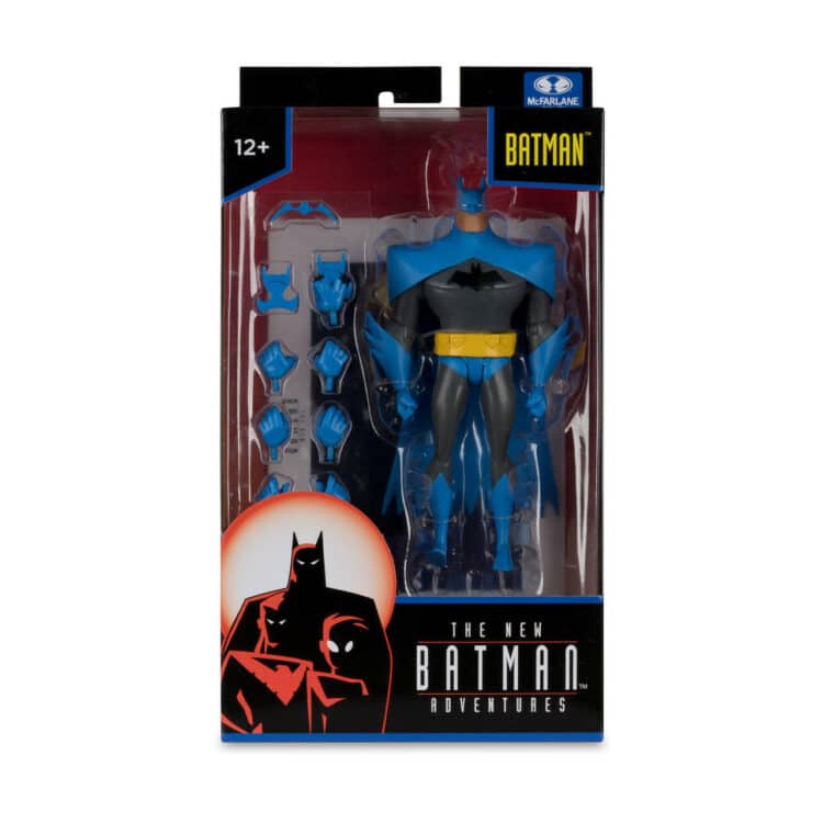 "6-inch McFarlane DC Multiverse Batman action figure in blue and grey suit, with accessories like batarang and grapnel launcher."