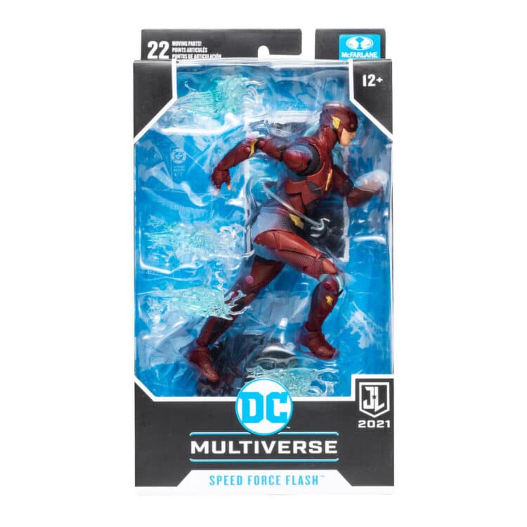 "McFarlane DC Multiverse Speed Force Flash action figure with blue injection detailing, four lightning pieces, and a base."