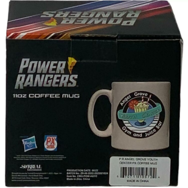 "Power Rangers PX Exclusive 11 oz coffee mug with Angel Grove Youth Center logo, limited to 1000 pieces."